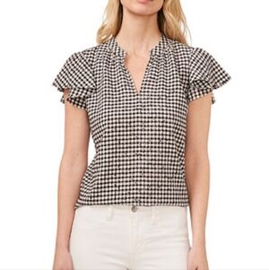 CeCe Women's Black and White Gingham/Flutter Sleeve Top